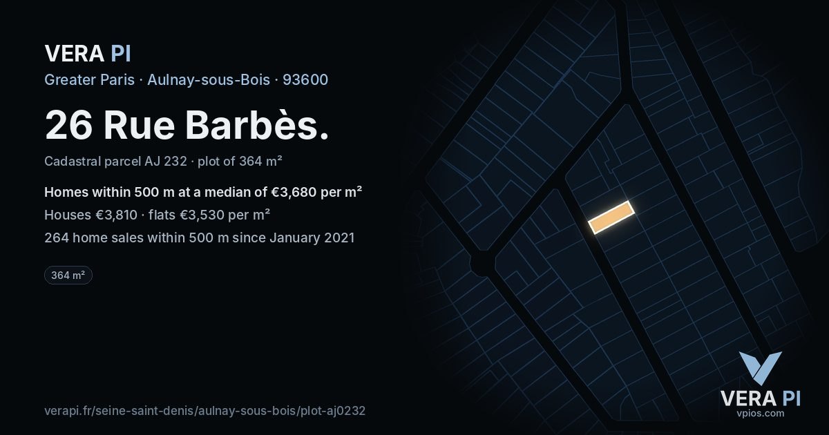 26 Rue Barbès, Aulnay-sous-Bois at night – the plot lit, the parcels around coloured by the prices near them