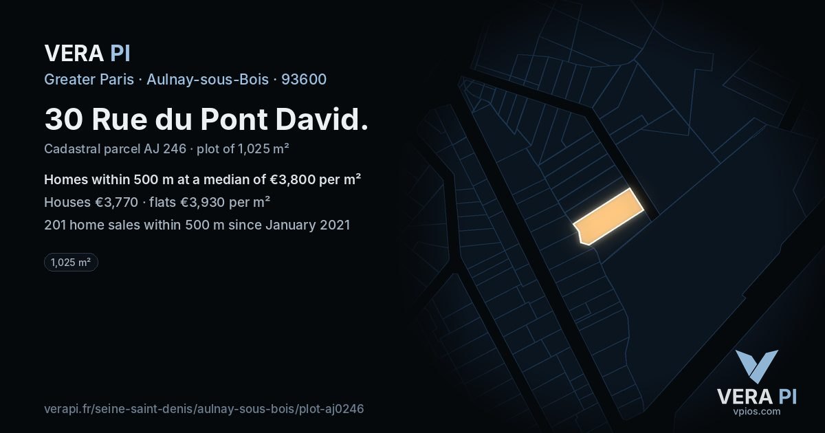 30 Rue du Pont David, Aulnay-sous-Bois at night – the plot lit, the parcels around coloured by the prices near them