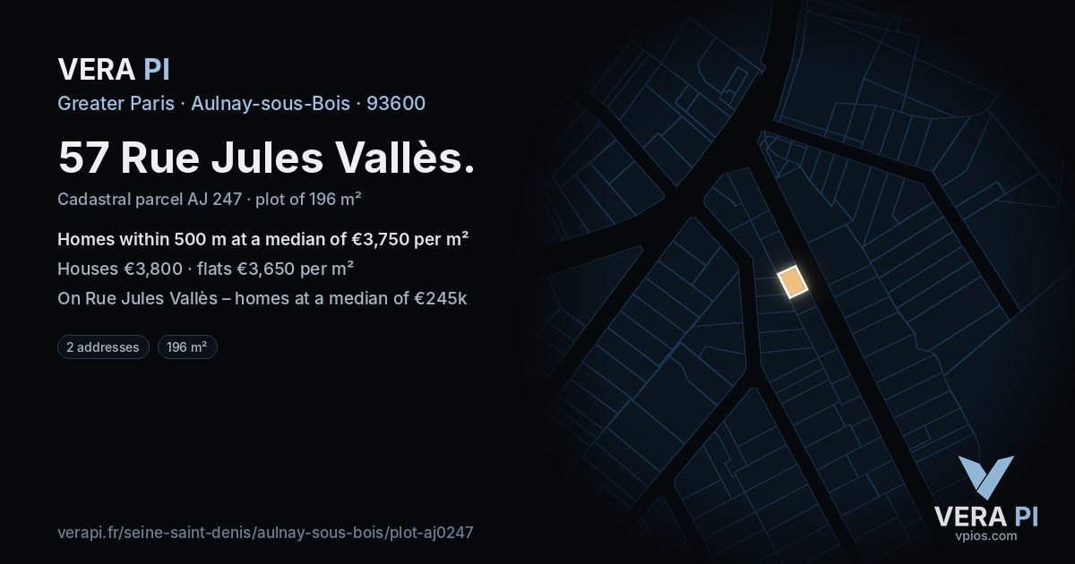 57 Rue Jules Vallès, Aulnay-sous-Bois at night – the plot lit, the parcels around coloured by the prices near them