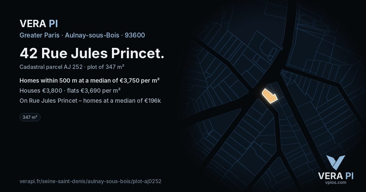 42 Rue Jules Princet, Aulnay-sous-Bois at night – the plot lit, the parcels around coloured by the prices near them