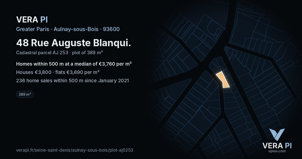 48 Rue Auguste Blanqui, Aulnay-sous-Bois at night – the plot lit, the parcels around coloured by the prices near them