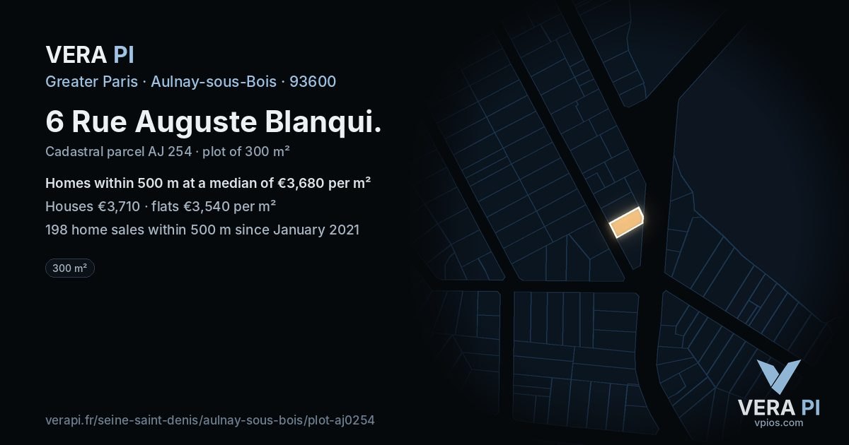 6 Rue Auguste Blanqui, Aulnay-sous-Bois at night – the plot lit, the parcels around coloured by the prices near them