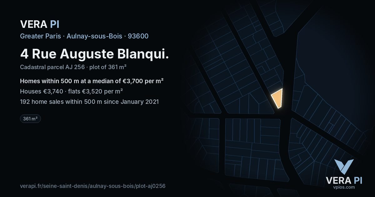 4 Rue Auguste Blanqui, Aulnay-sous-Bois at night – the plot lit, the parcels around coloured by the prices near them
