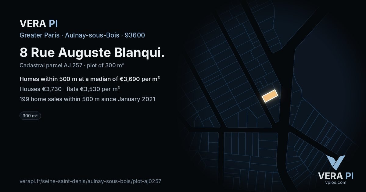 8 Rue Auguste Blanqui, Aulnay-sous-Bois at night – the plot lit, the parcels around coloured by the prices near them