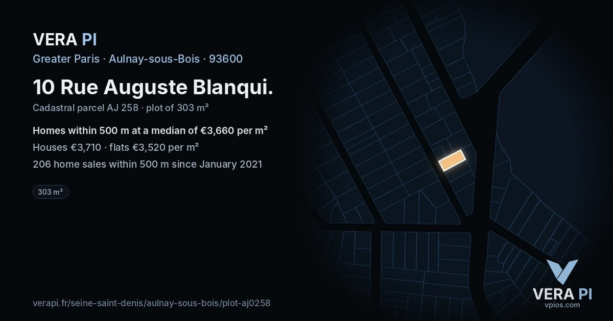 10 Rue Auguste Blanqui, Aulnay-sous-Bois at night – the plot lit, the parcels around coloured by the prices near them
