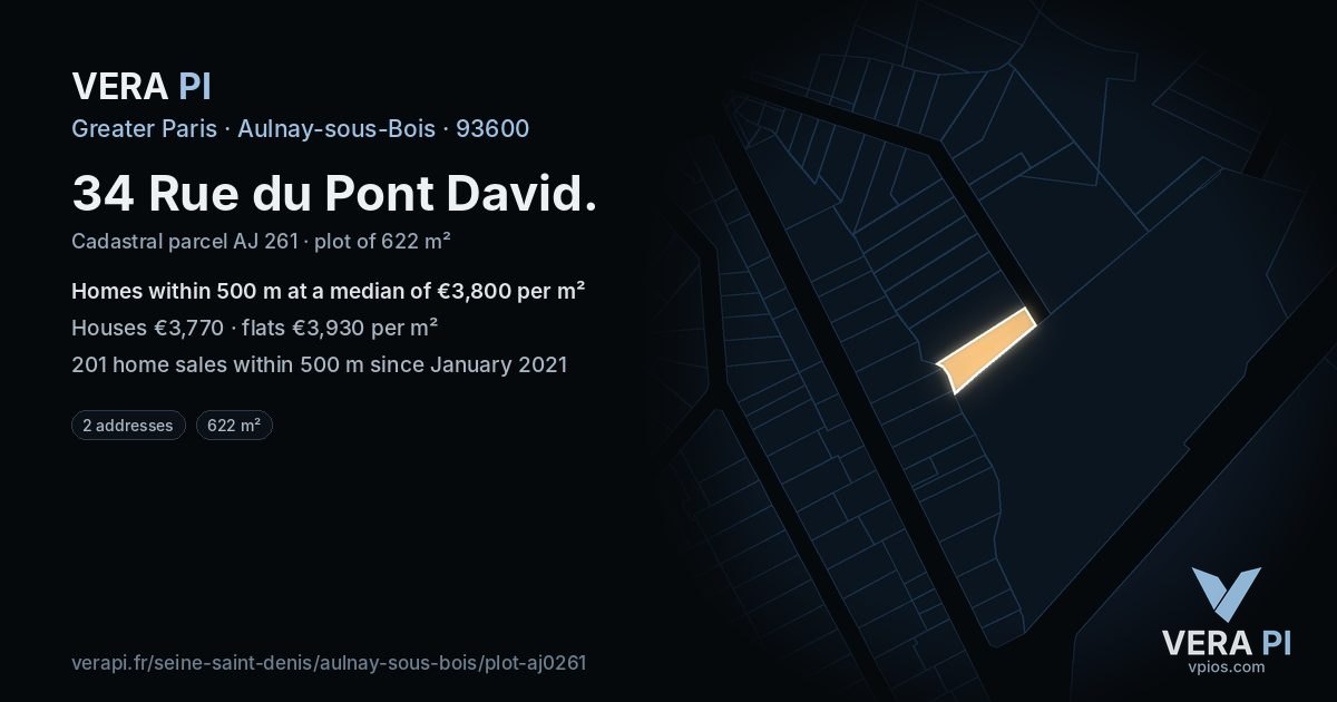 34 Rue du Pont David, Aulnay-sous-Bois at night – the plot lit, the parcels around coloured by the prices near them