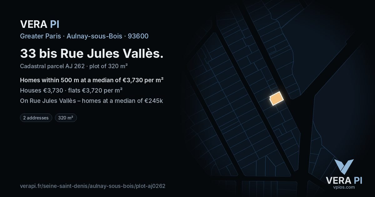 33 bis Rue Jules Vallès, Aulnay-sous-Bois at night – the plot lit, the parcels around coloured by the prices near them