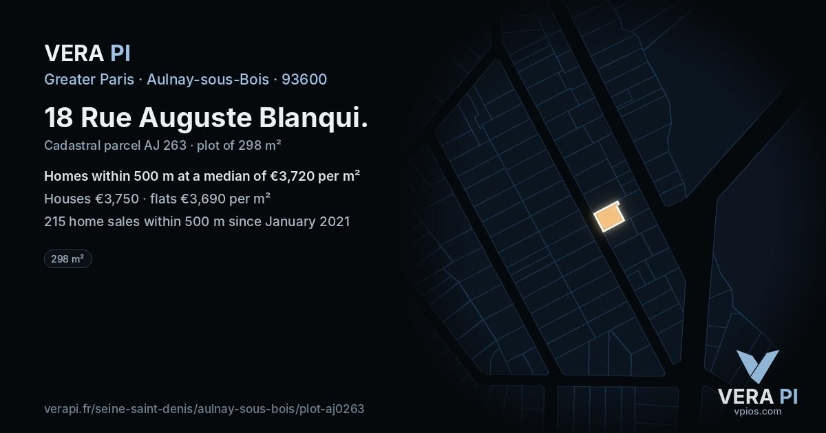 18 Rue Auguste Blanqui, Aulnay-sous-Bois at night – the plot lit, the parcels around coloured by the prices near them