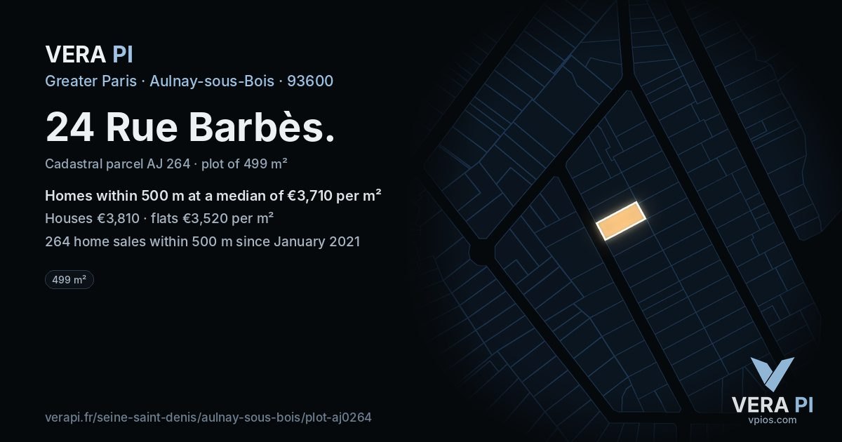 24 Rue Barbès, Aulnay-sous-Bois at night – the plot lit, the parcels around coloured by the prices near them