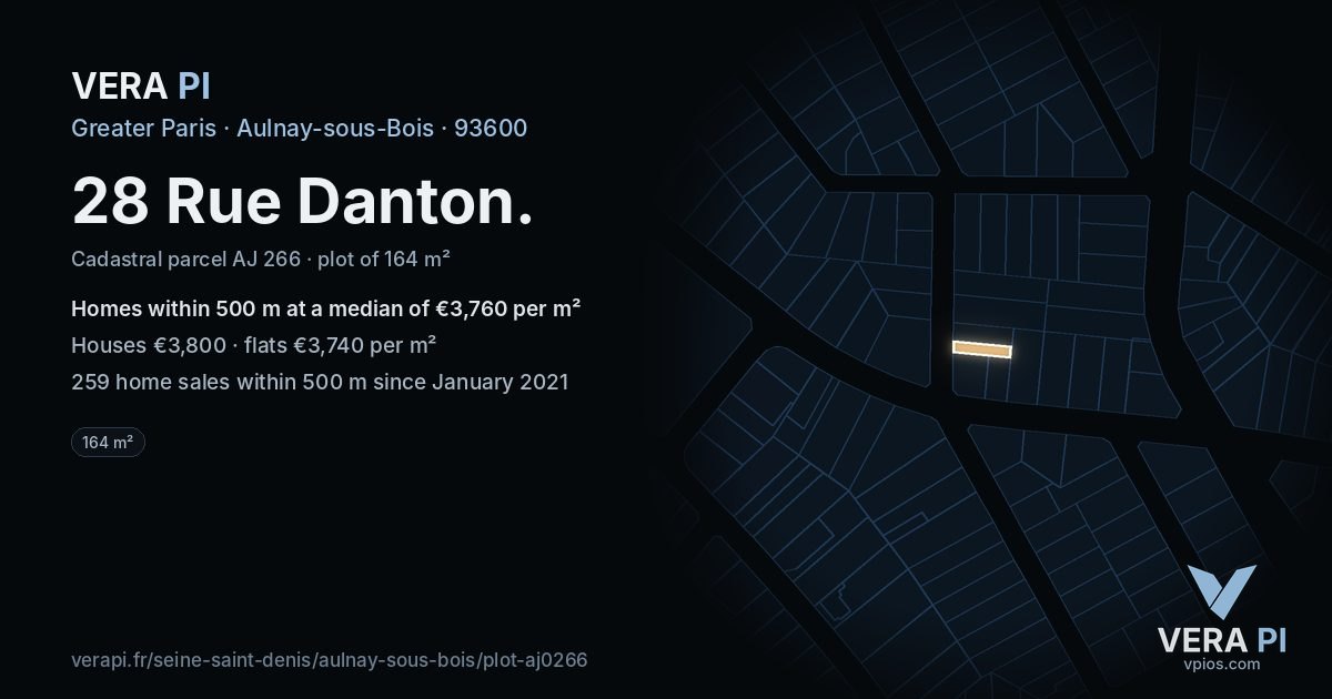 28 Rue Danton, Aulnay-sous-Bois at night – the plot lit, the parcels around coloured by the prices near them