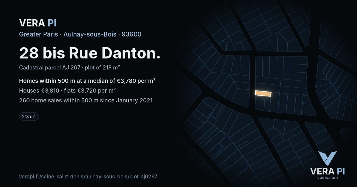 28 bis Rue Danton, Aulnay-sous-Bois at night – the plot lit, the parcels around coloured by the prices near them