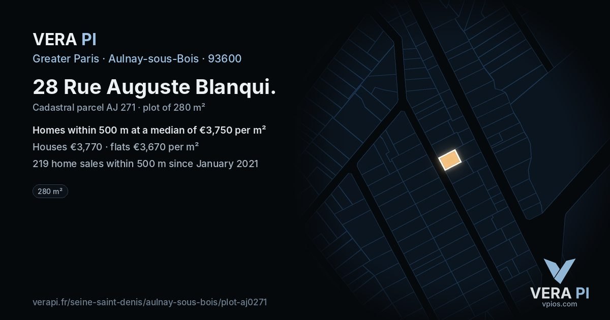 28 Rue Auguste Blanqui, Aulnay-sous-Bois at night – the plot lit, the parcels around coloured by the prices near them