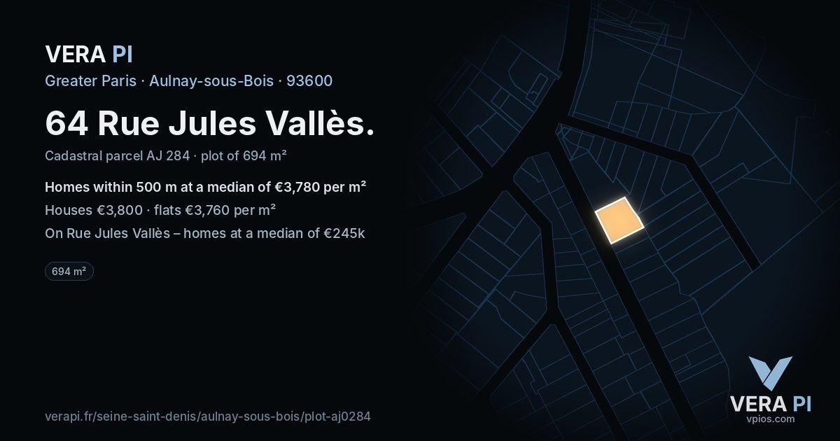 64 Rue Jules Vallès, Aulnay-sous-Bois at night – the plot lit, the parcels around coloured by the prices near them