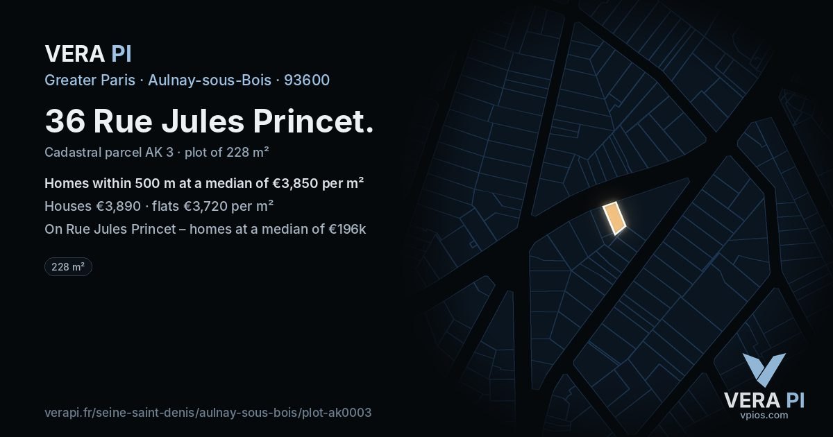 36 Rue Jules Princet, Aulnay-sous-Bois at night – the plot lit, the parcels around coloured by the prices near them