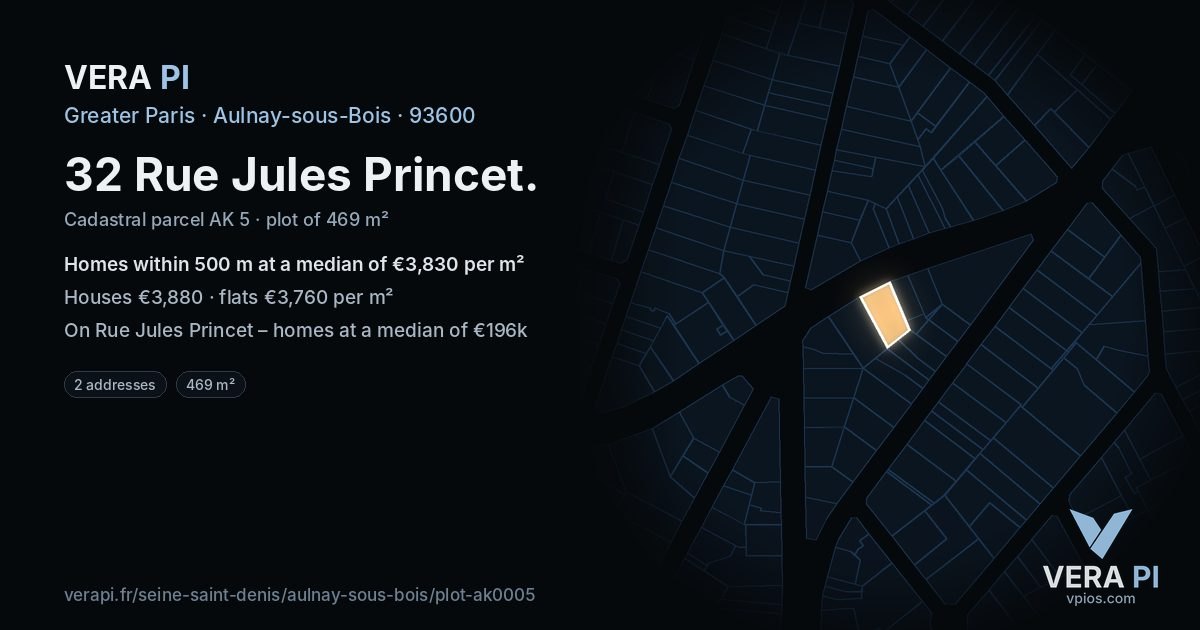 32 Rue Jules Princet, Aulnay-sous-Bois at night – the plot lit, the parcels around coloured by the prices near them
