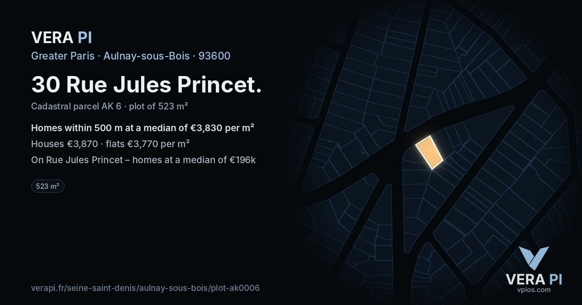 30 Rue Jules Princet, Aulnay-sous-Bois at night – the plot lit, the parcels around coloured by the prices near them