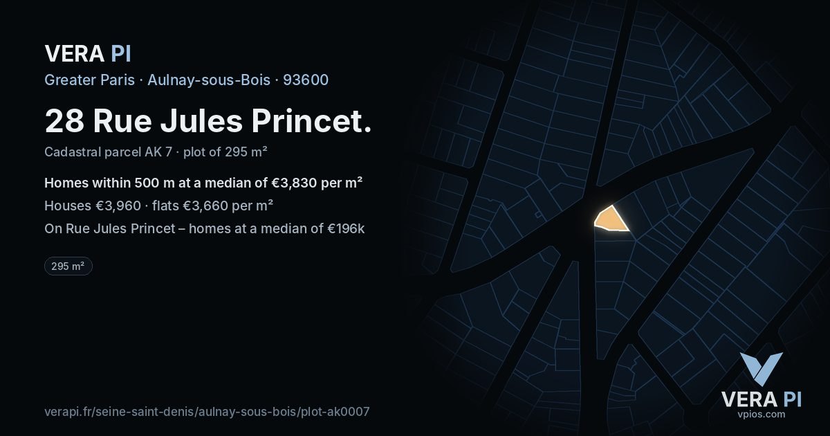 28 Rue Jules Princet, Aulnay-sous-Bois at night – the plot lit, the parcels around coloured by the prices near them