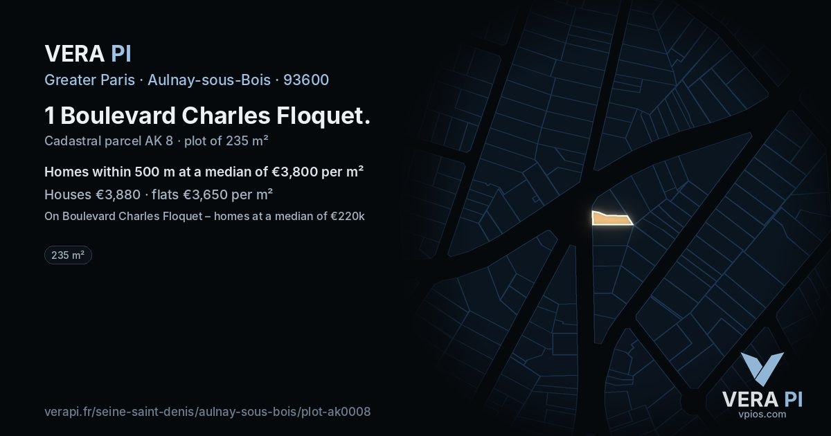 1 Boulevard Charles Floquet, Aulnay-sous-Bois at night – the plot lit, the parcels around coloured by the prices near them