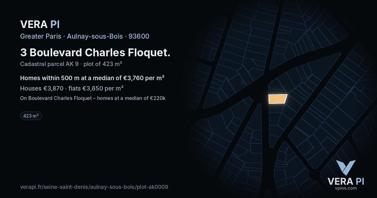 3 Boulevard Charles Floquet, Aulnay-sous-Bois at night – the plot lit, the parcels around coloured by the prices near them