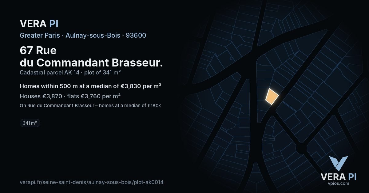 67 Rue du Commandant Brasseur, Aulnay-sous-Bois at night – the plot lit, the parcels around coloured by the prices near them