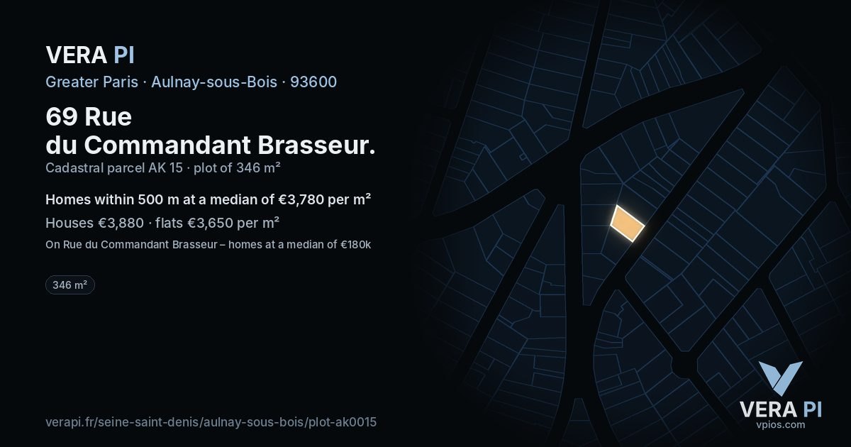 69 Rue du Commandant Brasseur, Aulnay-sous-Bois at night – the plot lit, the parcels around coloured by the prices near them