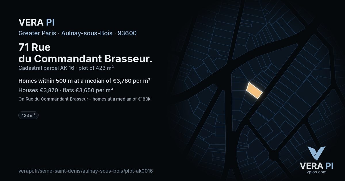 71 Rue du Commandant Brasseur, Aulnay-sous-Bois at night – the plot lit, the parcels around coloured by the prices near them