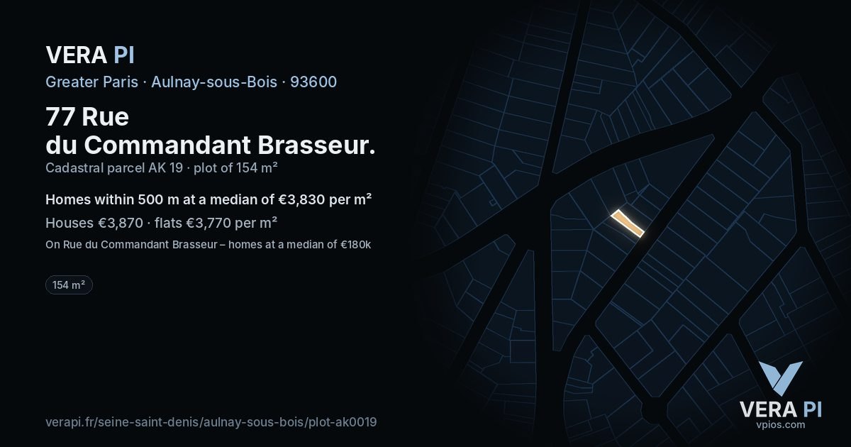 77 Rue du Commandant Brasseur, Aulnay-sous-Bois at night – the plot lit, the parcels around coloured by the prices near them