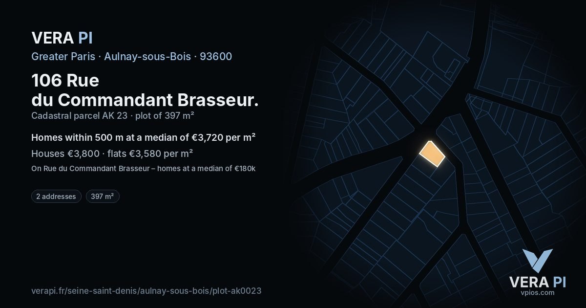 106 Rue du Commandant Brasseur, Aulnay-sous-Bois at night – the plot lit, the parcels around coloured by the prices near them