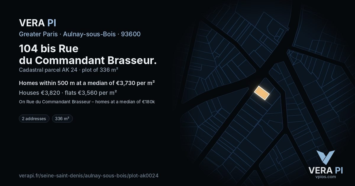 104 bis Rue du Commandant Brasseur, Aulnay-sous-Bois at night – the plot lit, the parcels around coloured by the prices near them