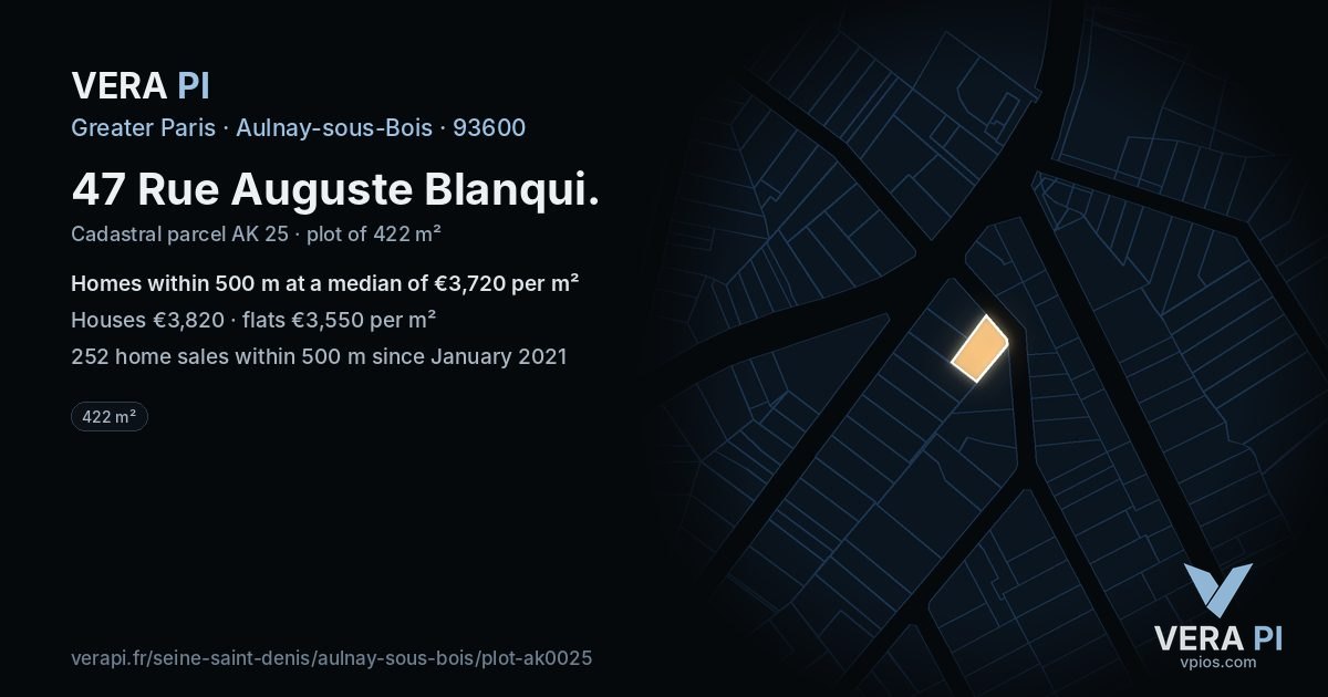 47 Rue Auguste Blanqui, Aulnay-sous-Bois at night – the plot lit, the parcels around coloured by the prices near them