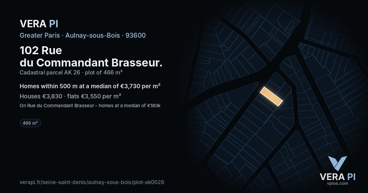 102 Rue du Commandant Brasseur, Aulnay-sous-Bois at night – the plot lit, the parcels around coloured by the prices near them