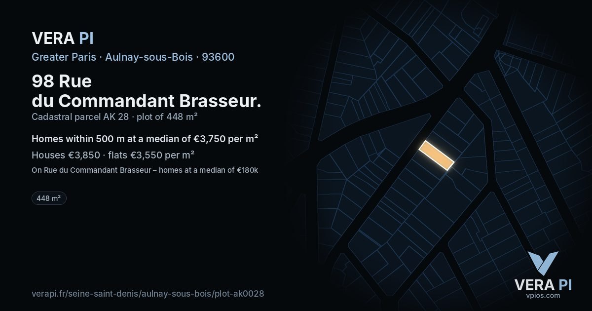 98 Rue du Commandant Brasseur, Aulnay-sous-Bois at night – the plot lit, the parcels around coloured by the prices near them