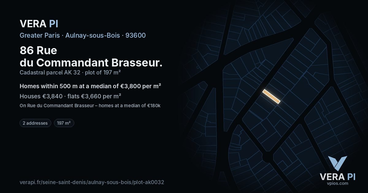 86 Rue du Commandant Brasseur, Aulnay-sous-Bois at night – the plot lit, the parcels around coloured by the prices near them