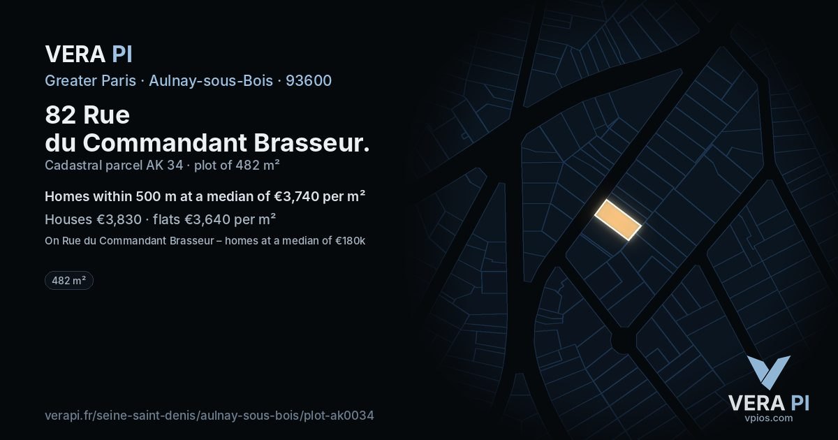82 Rue du Commandant Brasseur, Aulnay-sous-Bois at night – the plot lit, the parcels around coloured by the prices near them