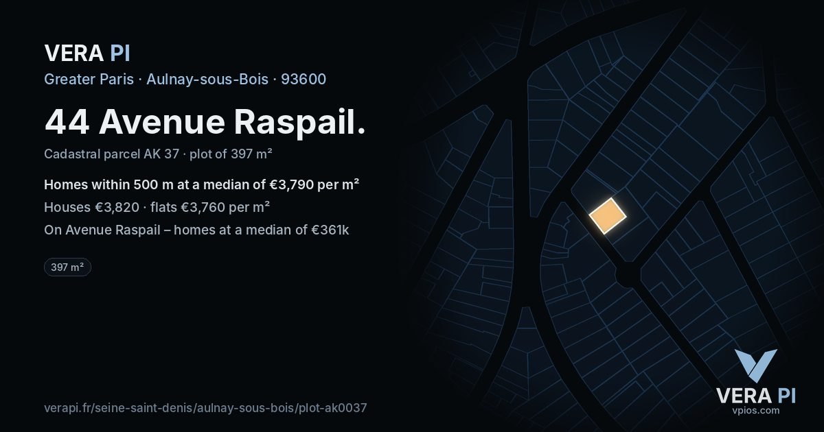 44 Avenue Raspail, Aulnay-sous-Bois at night – the plot lit, the parcels around coloured by the prices near them