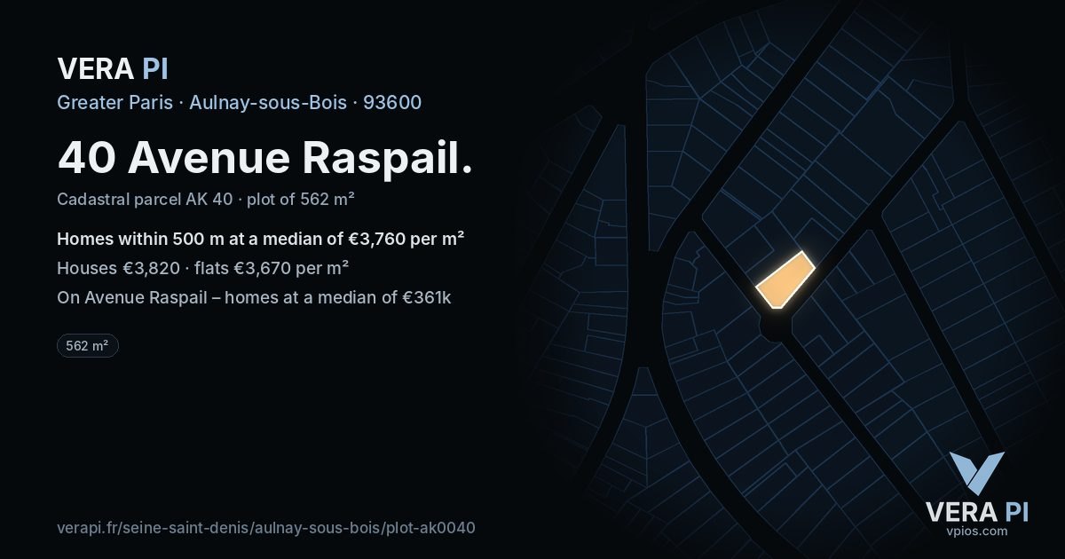 40 Avenue Raspail, Aulnay-sous-Bois at night – the plot lit, the parcels around coloured by the prices near them
