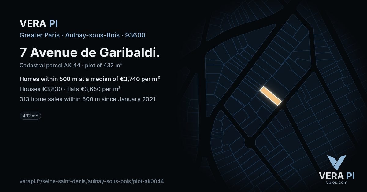 7 Avenue de Garibaldi, Aulnay-sous-Bois at night – the plot lit, the parcels around coloured by the prices near them