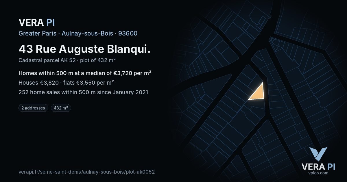 43 Rue Auguste Blanqui, Aulnay-sous-Bois at night – the plot lit, the parcels around coloured by the prices near them