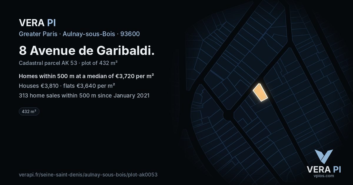 8 Avenue de Garibaldi, Aulnay-sous-Bois at night – the plot lit, the parcels around coloured by the prices near them