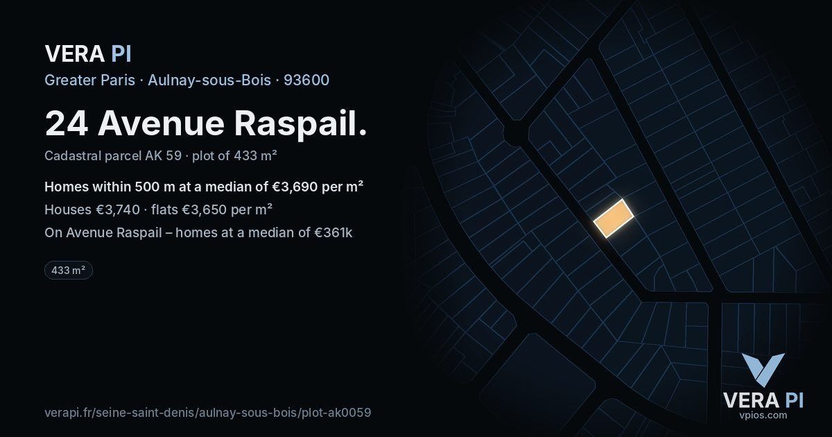 24 Avenue Raspail, Aulnay-sous-Bois at night – the plot lit, the parcels around coloured by the prices near them