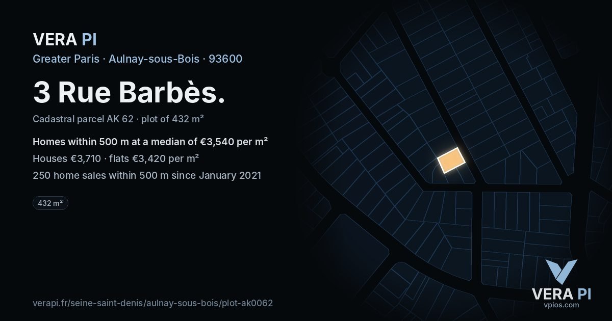 3 Rue Barbès, Aulnay-sous-Bois at night – the plot lit, the parcels around coloured by the prices near them