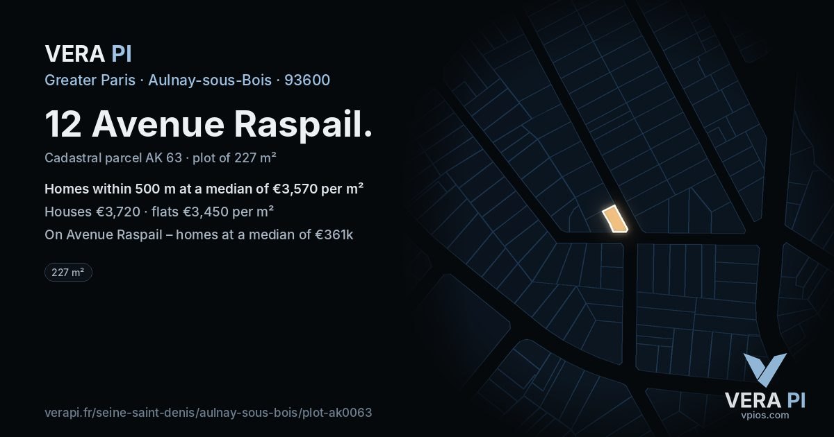 12 Avenue Raspail, Aulnay-sous-Bois at night – the plot lit, the parcels around coloured by the prices near them