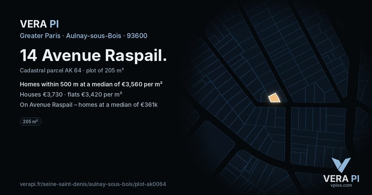 14 Avenue Raspail, Aulnay-sous-Bois at night – the plot lit, the parcels around coloured by the prices near them