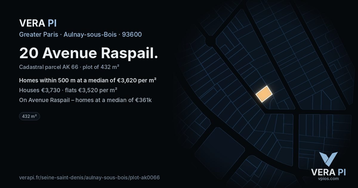 20 Avenue Raspail, Aulnay-sous-Bois at night – the plot lit, the parcels around coloured by the prices near them