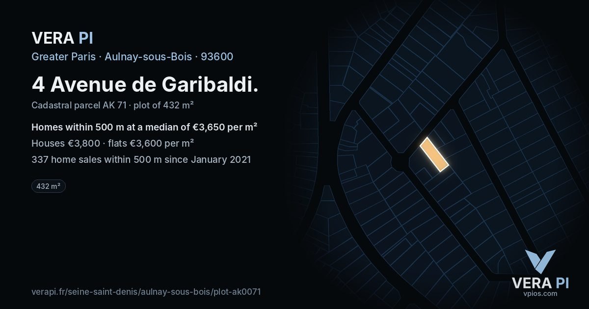 4 Avenue de Garibaldi, Aulnay-sous-Bois at night – the plot lit, the parcels around coloured by the prices near them