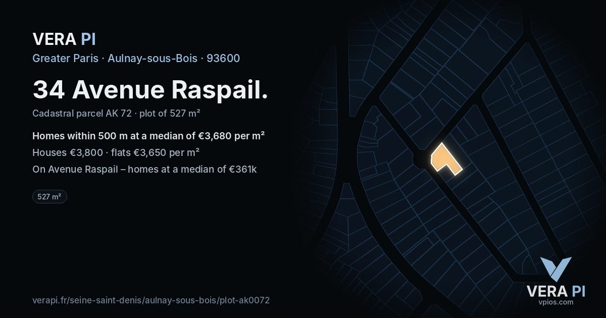 34 Avenue Raspail, Aulnay-sous-Bois at night – the plot lit, the parcels around coloured by the prices near them