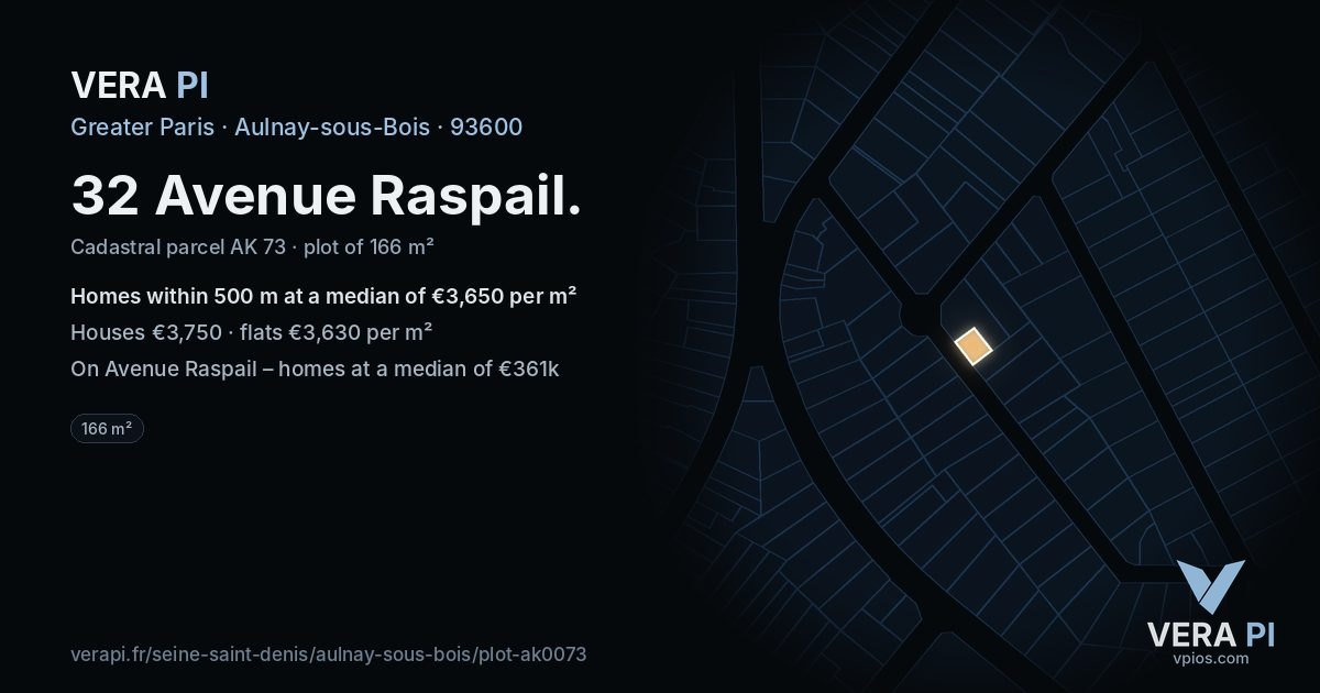 32 Avenue Raspail, Aulnay-sous-Bois at night – the plot lit, the parcels around coloured by the prices near them