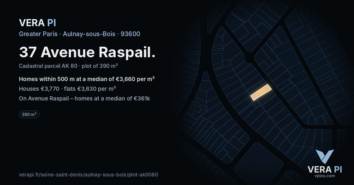 37 Avenue Raspail, Aulnay-sous-Bois at night – the plot lit, the parcels around coloured by the prices near them