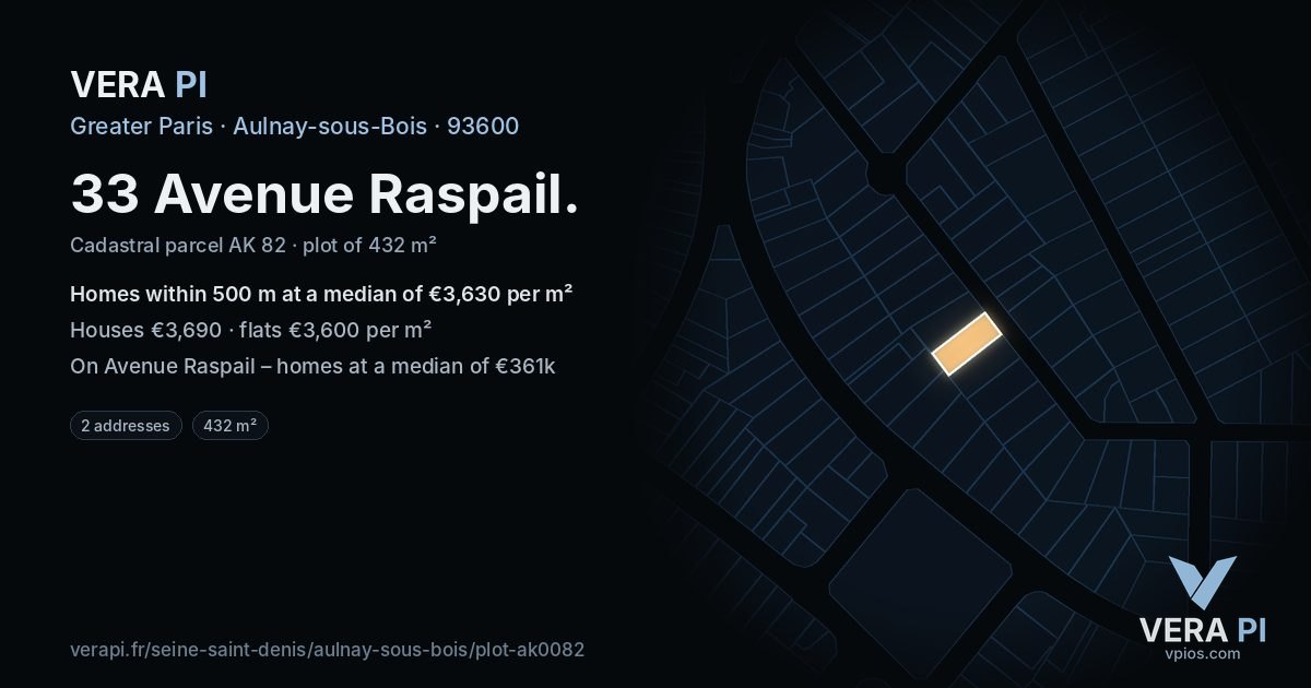 33 Avenue Raspail, Aulnay-sous-Bois at night – the plot lit, the parcels around coloured by the prices near them