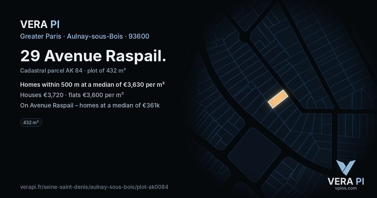 29 Avenue Raspail, Aulnay-sous-Bois at night – the plot lit, the parcels around coloured by the prices near them